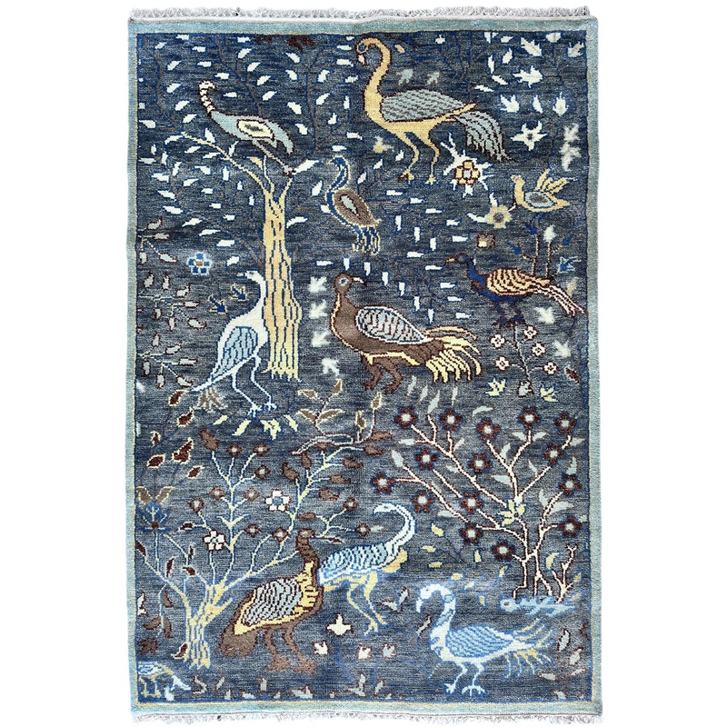 Blue Birds of Paradise Tree of Life Design Hand Loomed Rug 4 x 6