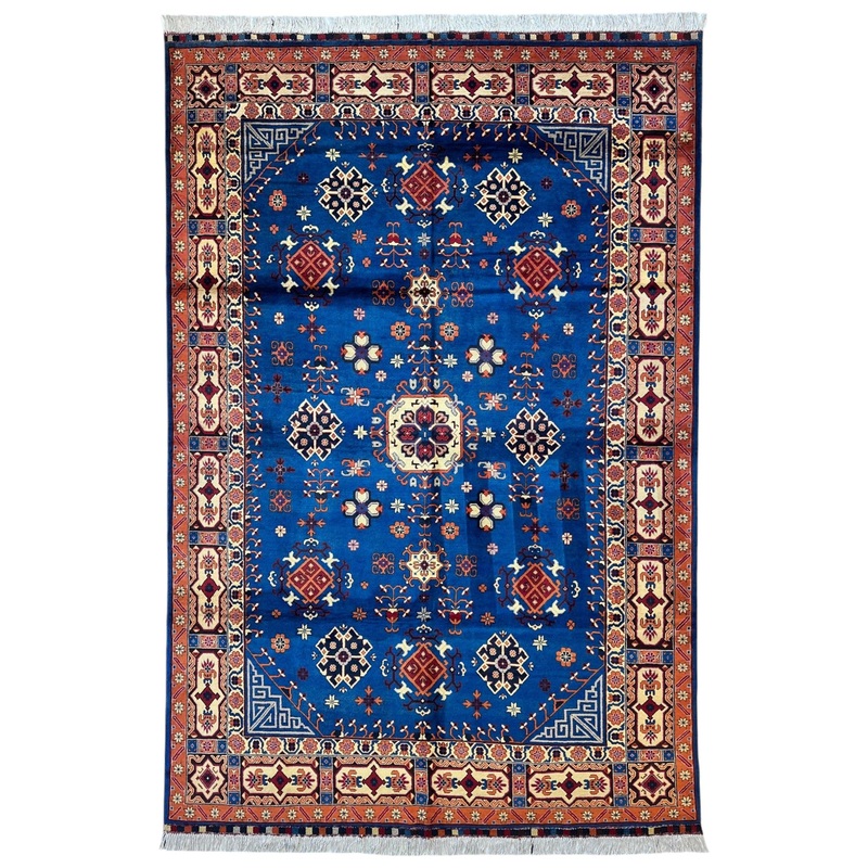 Hand-Knotted Afghan Kazak Rug  6’6″ x 9’7″  Vibrant Geometric Design in 100% Wool