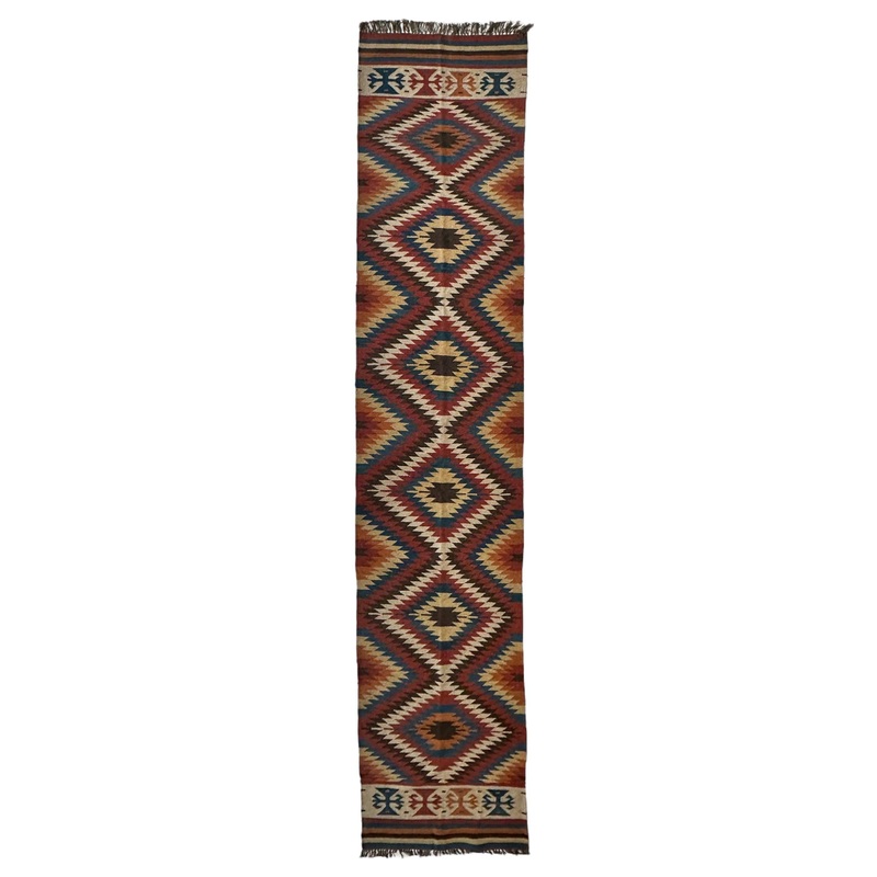 Hand-Knotted Afghan Kilim Wool Runner Rug  28 x 124  Vintage Full Geometric Design
