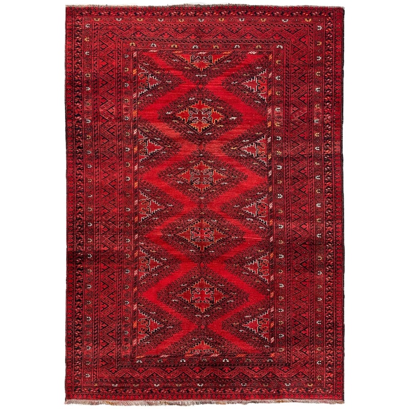 Hand-Knotted Afghan Turkoman Waziri Wool Rug  6’9″ x 9’6″  Vintage Red Elegance