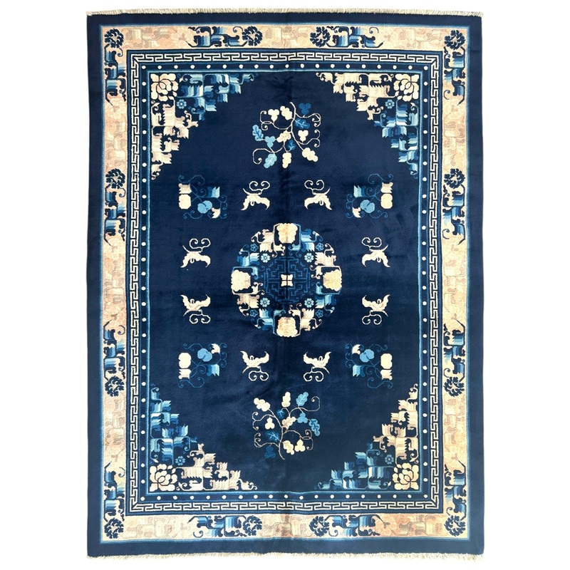 Hand-Knotted Antique Chinese Peking Wool Rug  56 x 76  Full Pile Navy and Cream Design