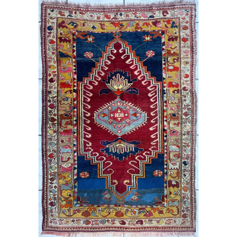 Hand-Knotted Antique Turkish Melas Wool Rug  4’3″ x 5’11”  Vibrant Geometric Motifs