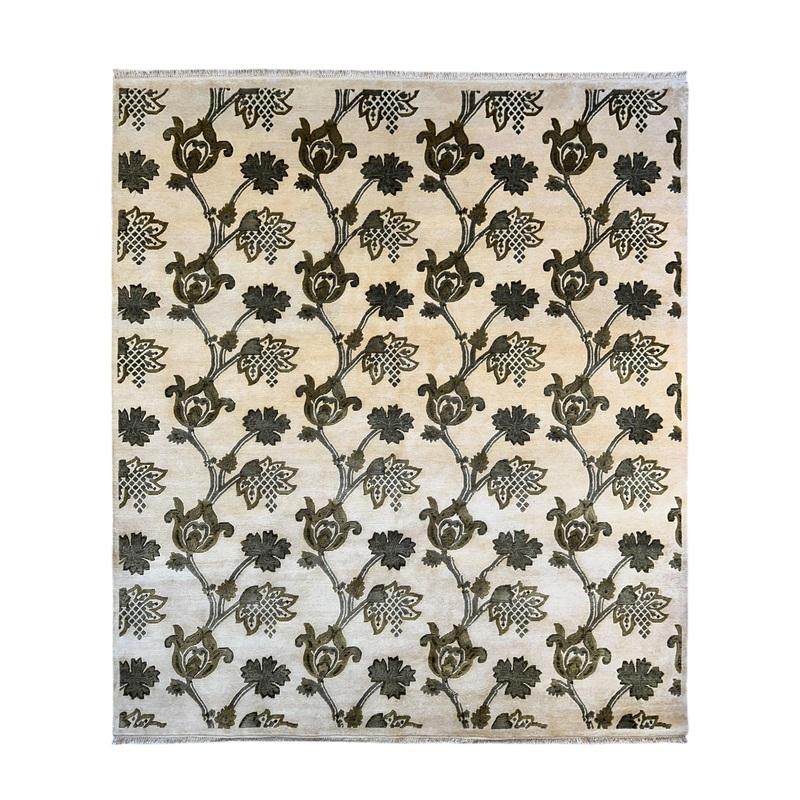 Hand-Knotted Indian Rug – 7’11” x 9’9″ – Wool – Floral Pattern – Elegant Beige and Green Design