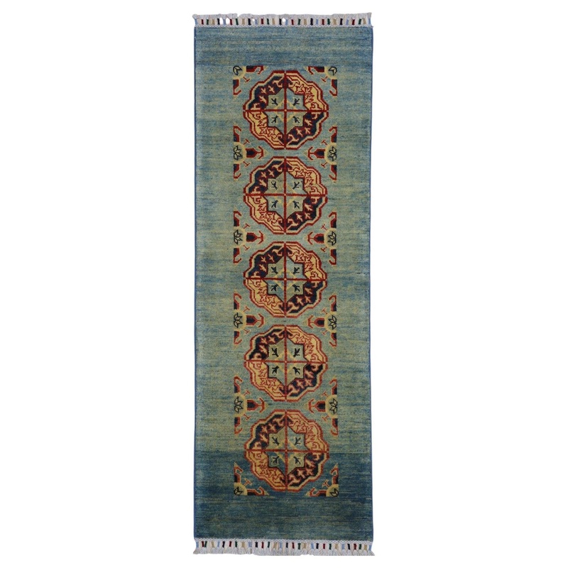 Hand-Knotted Kazak Afghani Wool Rug I Green 2′ x 5’7″