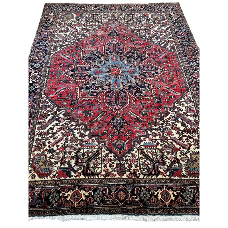 Hand-Knotted Persian Heriz Wool Rug  9 x 12  Geometric Medallion Design