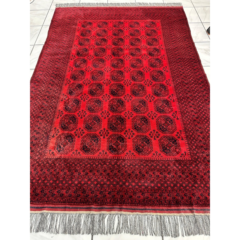 Hand-Knotted Turkoman Ersari Wool Rug  67 x 96  Rich Red Tones, Geometric Design