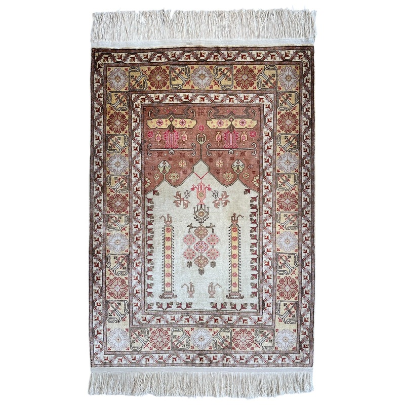 Luxurious Hand-Knotted Pure Silk Turkish Kayseri Rug  Intricate Floral & Geometric Design, 22 x 3