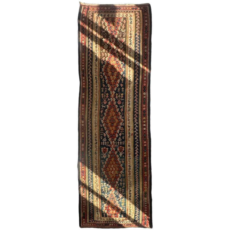 VINTAGE BIDJAR GEOMETRIC BEIGE BROWN AND ORANGE WOOL PERSIAN KILIM RUNNER 38 x 1010