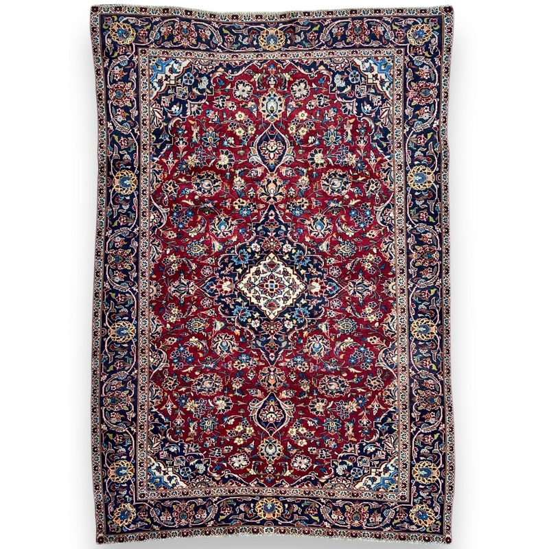 Vintage Hand-Knotted Persian Kashan Wool Rug  1950s  6’3″ x 9’5″