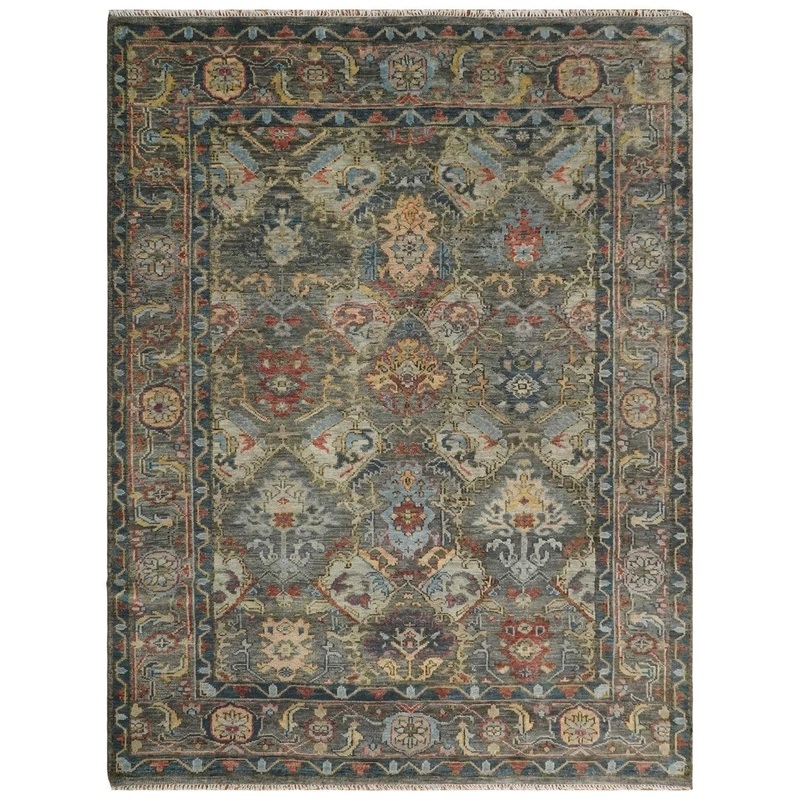 ANTIQUE DESIGN WOOL TRADITIONAL CHARCOAL, BROWN & BLUE VIBRANT HAND KNOTTED OUSHAK AREA RUG 8 x 10