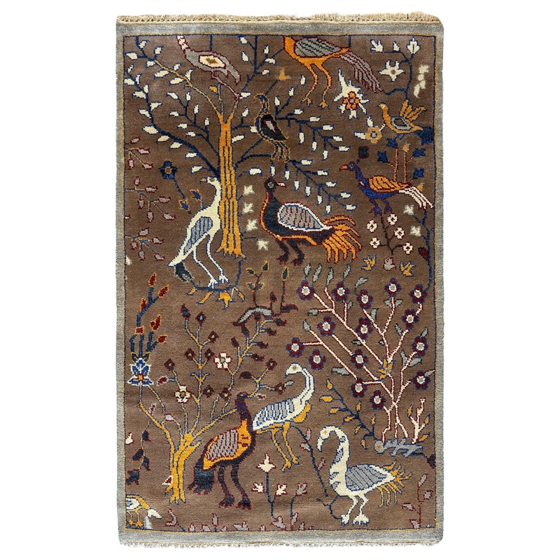 Fine Hand-Knotted  Birds Pictorial Throw Rug 4 x 6