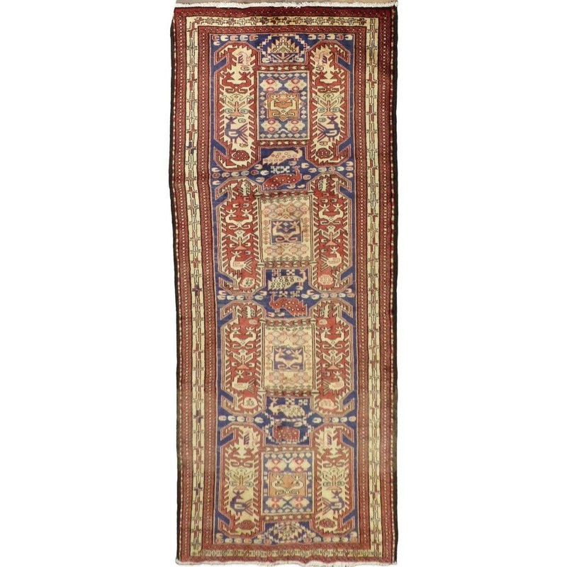Geometric Meshkin Persian Vintage Runner Rug Handmade Wool Carpet – 4’0″x 10’4″