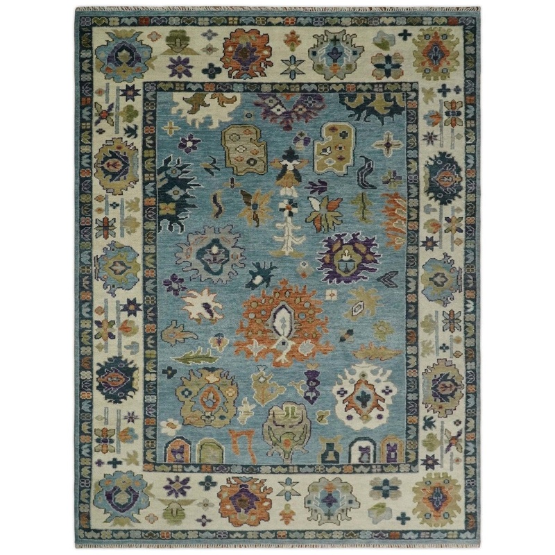 Hand Knotted Oushak Blue & Ivory Traditional Wool Rug, Living Room Rug 8 x 10