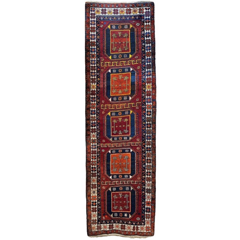 Antique circa 1920’s Kurdish-Kazak Geometric Motifs Runner 38 x 123