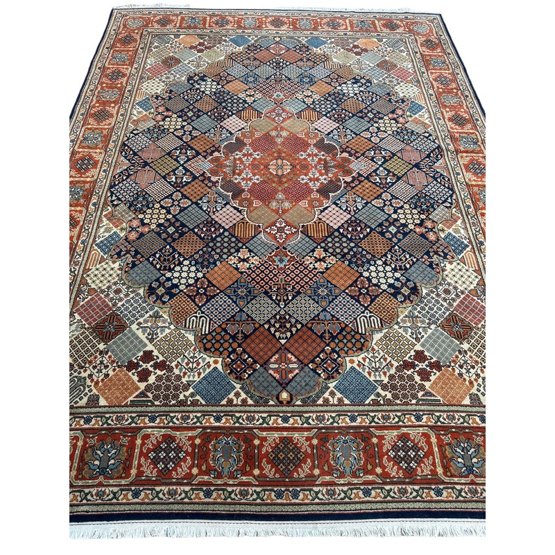 Hand-Knotted Indo-Joshegan Wool Rug  12’2″ x 9’1″  Geometric Medallion Design, Rich Warm Palette