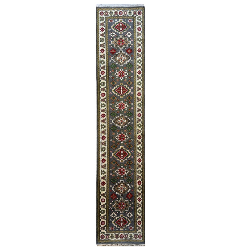 Handmade Indo-Kazak Runner Rug 26 x 12