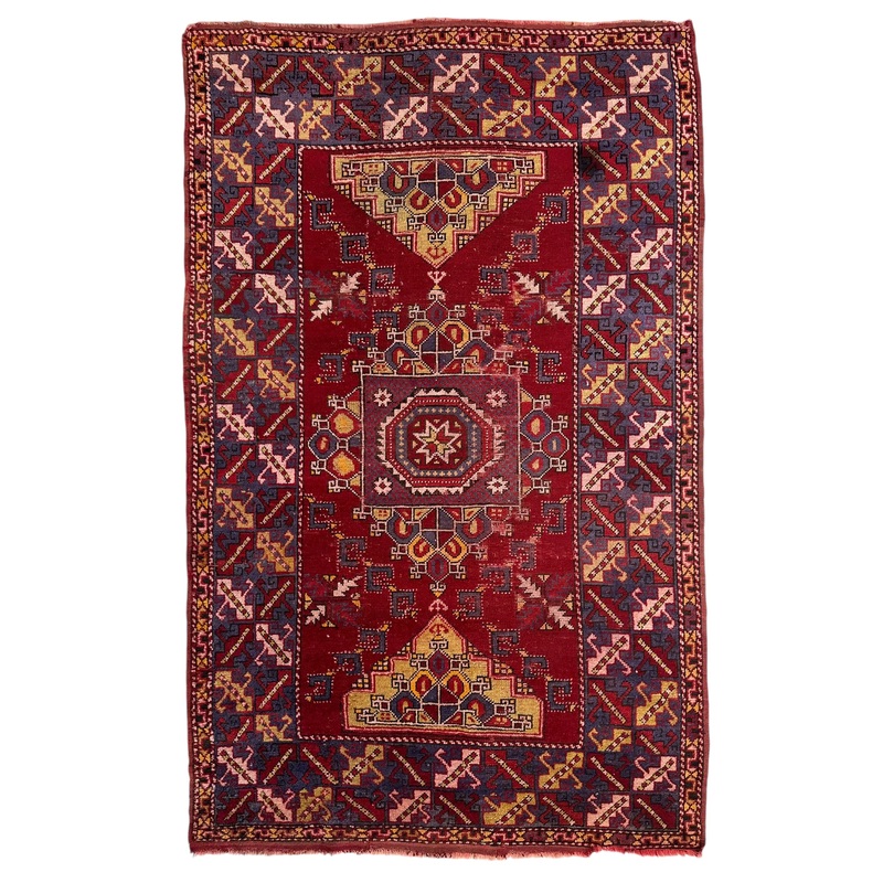 Dezgiri Anatolian Tribal Wool Rug  5×8 Hand-Knotted Red Medallion Rug with Geometric Motifs
