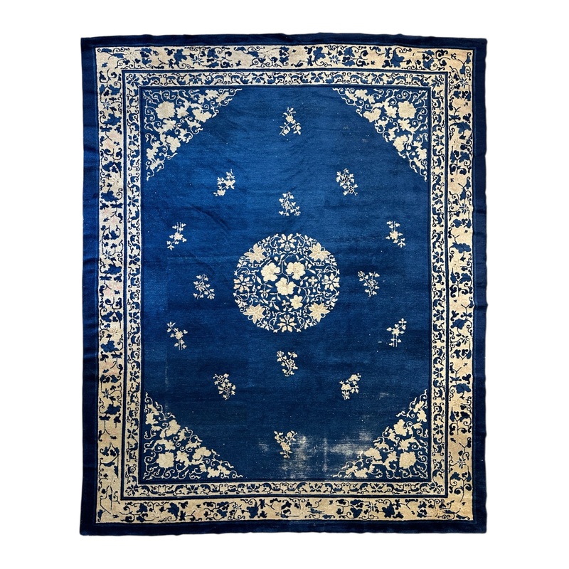 Hand-Knotted Antique Chinese Peking Wool Rug  9 x 115  Distressed Blue, 19th Century