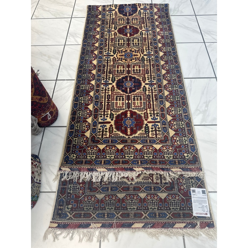 Hand-Knotted Gandomi Afghani Wool Rug | Cream, Red & Blue 3’1″ x 13’3″