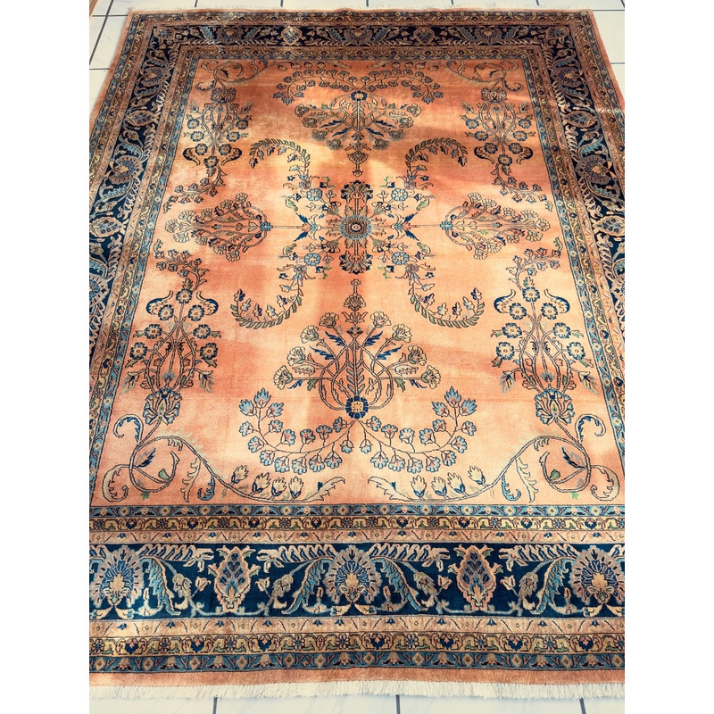 Hand-Knotted Indo-Sarouk Wool Rug  8′ x 10′  Peach Field with Navy Border