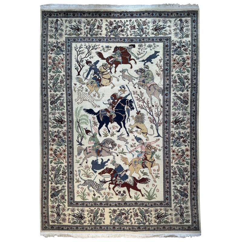 Hand-Knotted Lahore Hunting Scene Wool Rug  8 x 113  Vintage 1950s Persian-Style Masterpiece