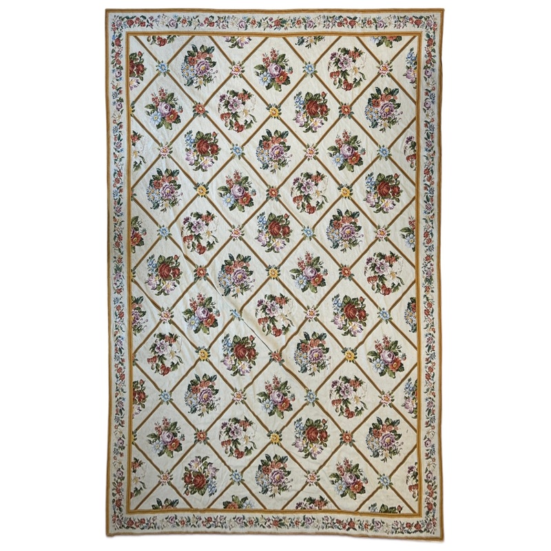 Handmade Needlepoint Floral Wool Rug  9′ 7″ x 13′ 5″  Vintage European Tapestry Style