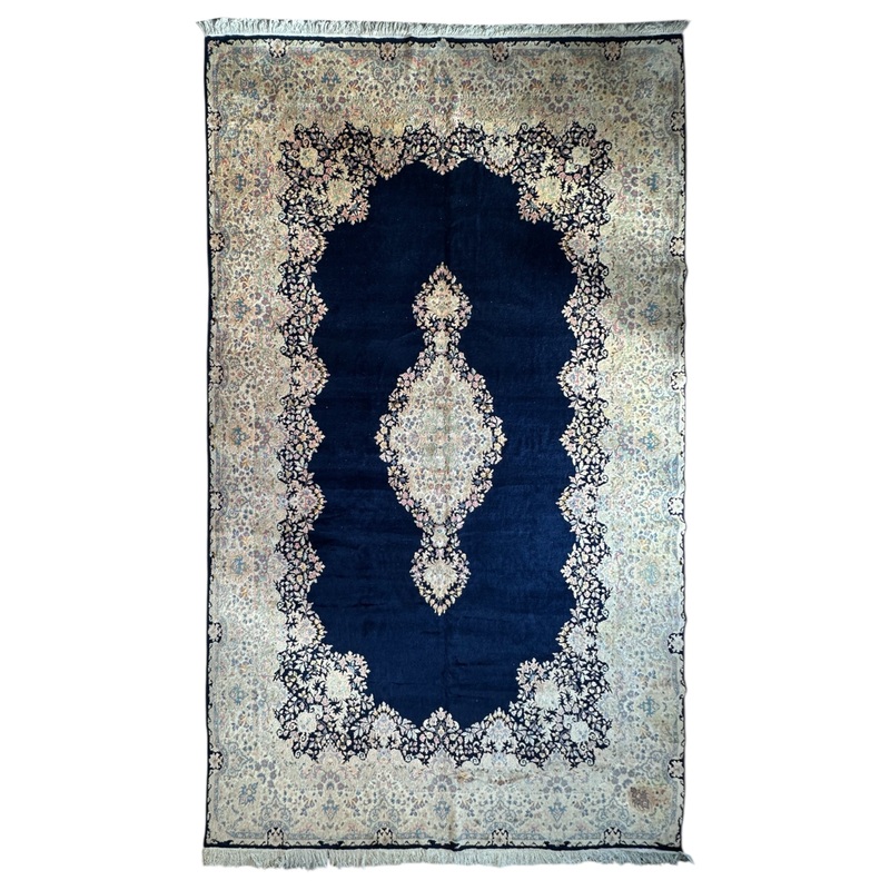 Palace-Size Vintage Royal Kirman Wool Rug  99 x 172  Hand-Knotted Persian Elegance with Deep Navy Field