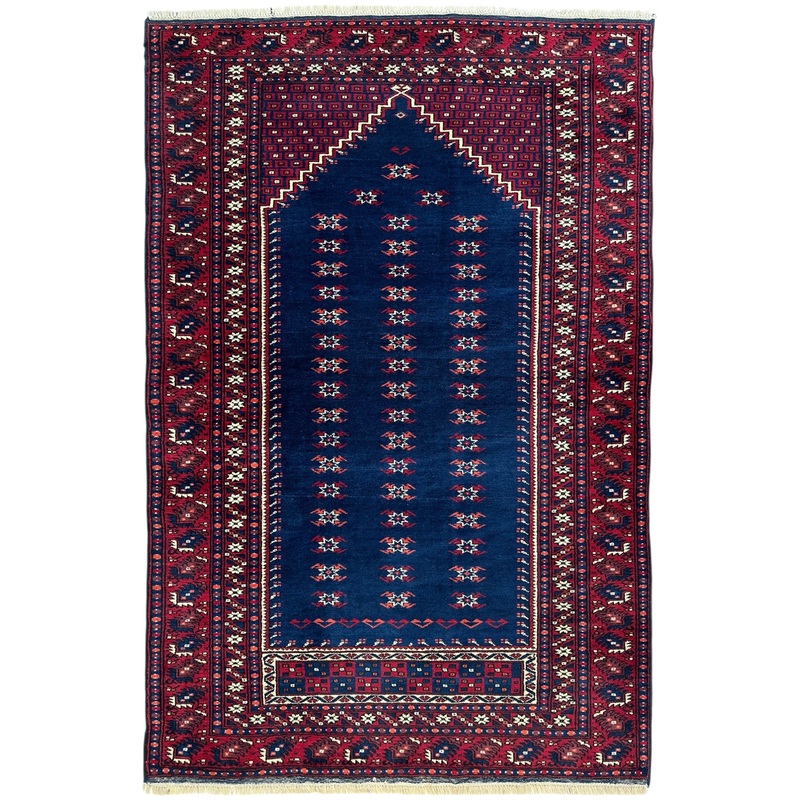 Vintage Hand-Knotted Yagcibedir Turkish Wool Prayer Rug  310 x 59  Deep Blue & Red Tribal Design